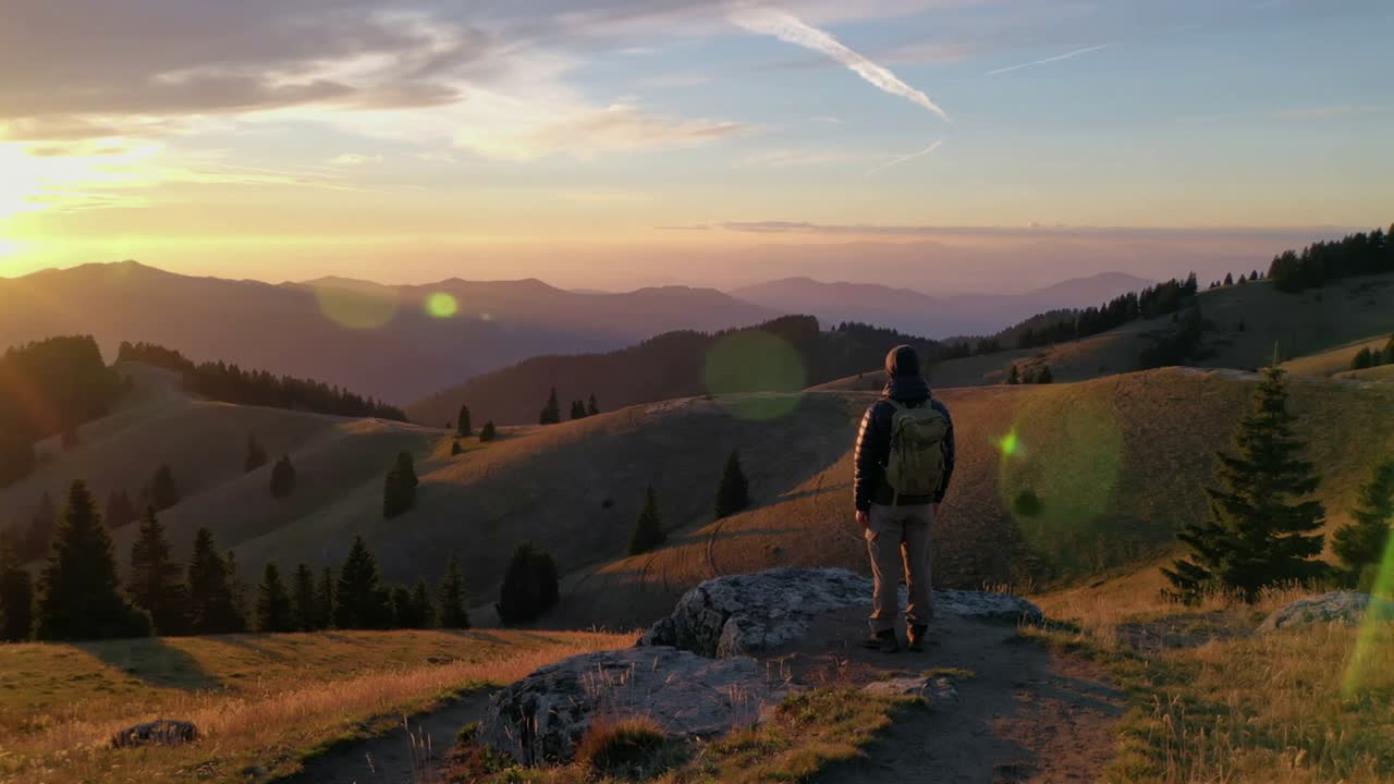 Stojący turysta obserwuje zachód słońca na skale, gdy słońce się obniża, plecak, kurtka, buty trekkingowe, miejsce na tekst