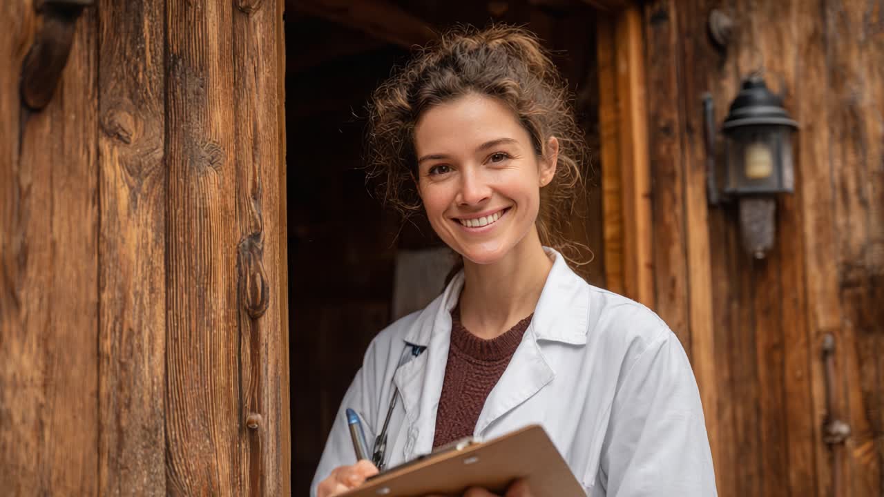 A Friendly Professional: A Young Woman in a White Lab Coat Holding a Clipboard and Smiling Happily While Standing at a Wooden Doorway, Exuding Positivity and Welcoming Energy