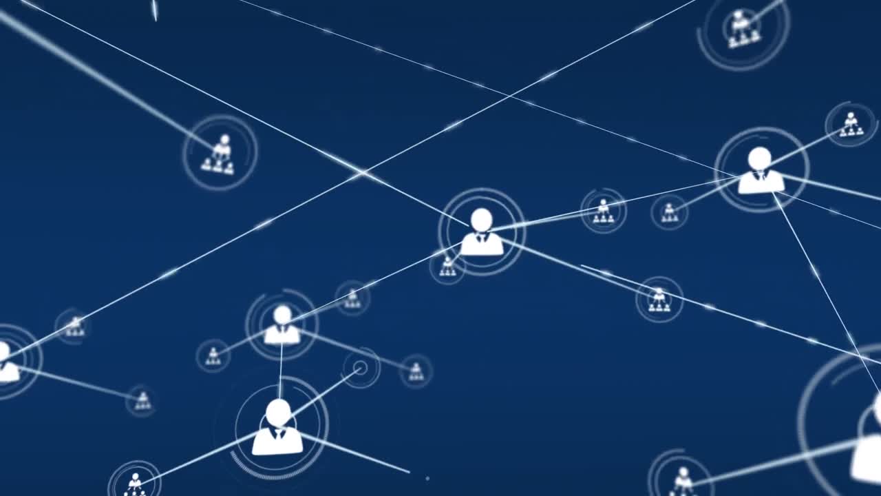 Animation of connected icons over multiple texts forming brain against abstract background