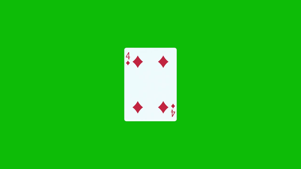 Una carta da poker, il quattro di quadri, ruota e si rivela su uno schermo verde, animazione 3D. Puoi modificare i tempi della clip per controllare l'effetto di rivelazione.