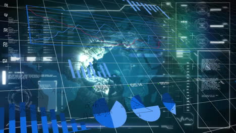 Animation-of-globe,-multiple-graphs,-changing-numbers-loading-circles,-bars-over-abstract-background