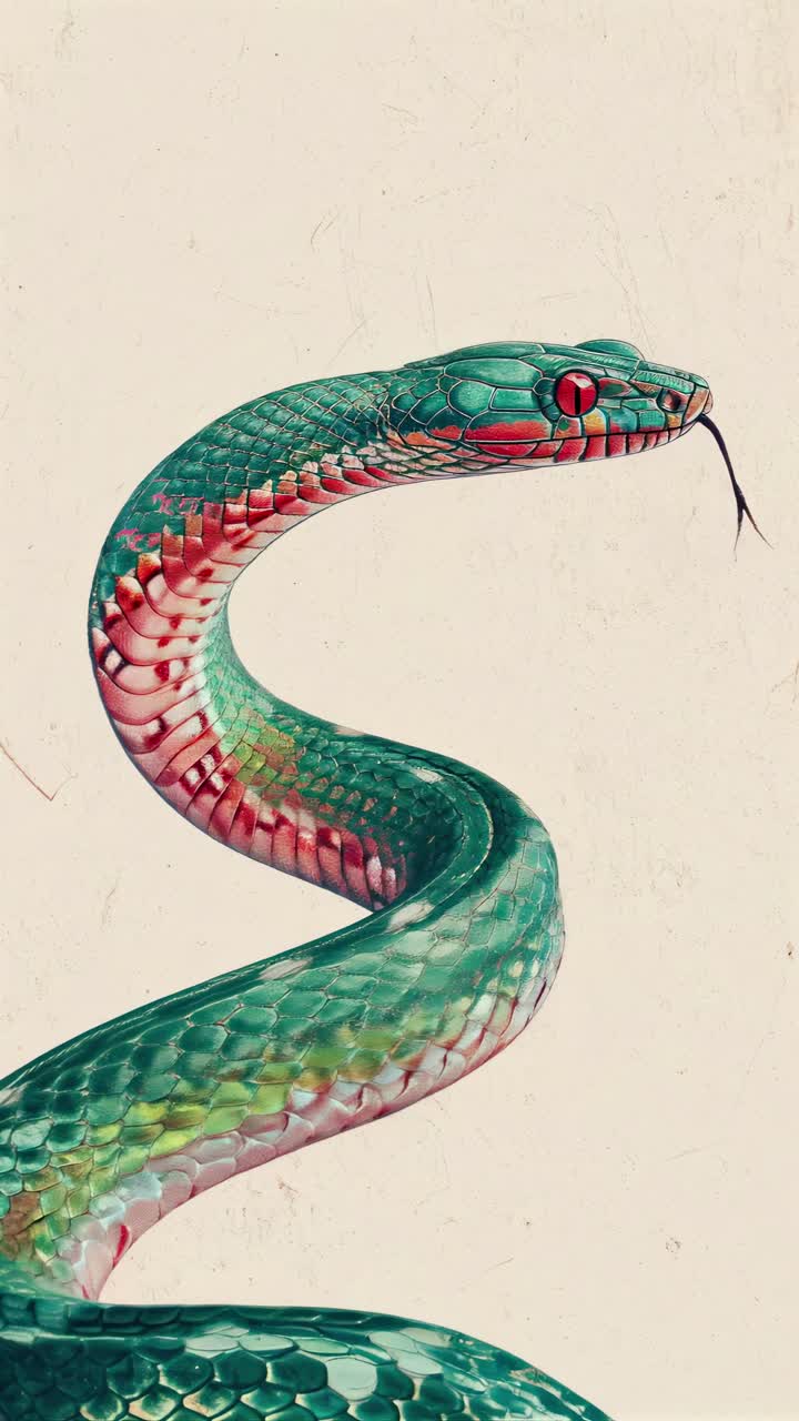 Primo piano di un serpente verde vivido con occhi rossi, ripreso dal basso
