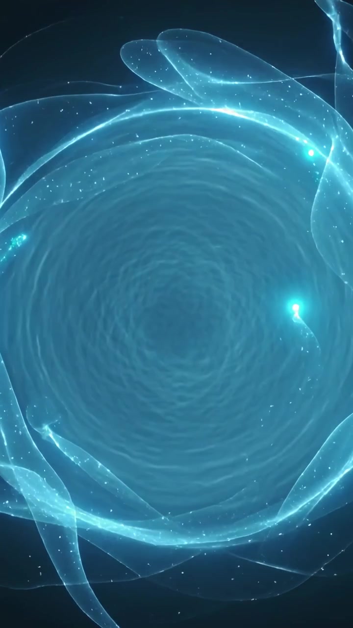 Vertical video: Forming cyan ribbon ring spiraling into vortex in black field, orb drawing inward
