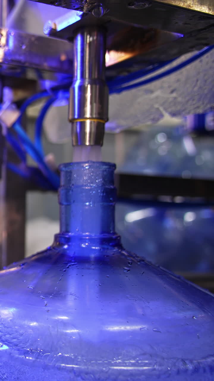 Water is poured into big blue bottle and overflows it. Filled bottles are covered with plastic white corks. Close up. Vertical video
