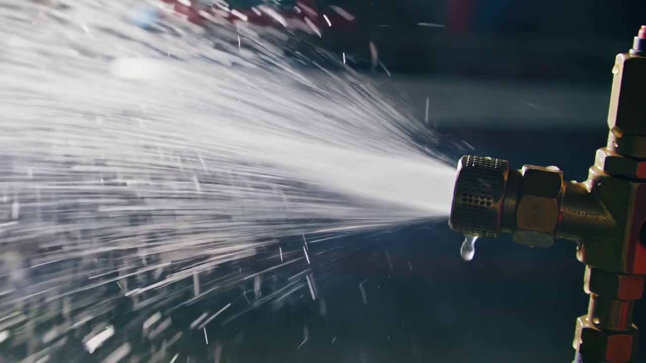 High-Pressure Water Spray from a Nozzle with Dynamic Motion Captured in Two Distinct Frames Reflecting Fluid Dynamics and Energy Release