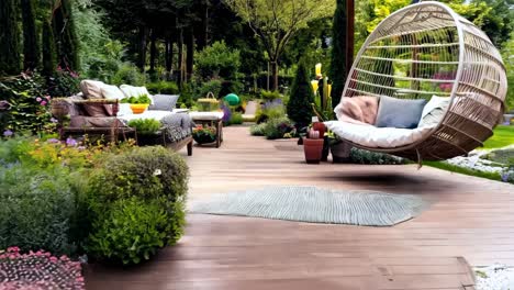 a wooden walkway leads to a garden with a swing chair