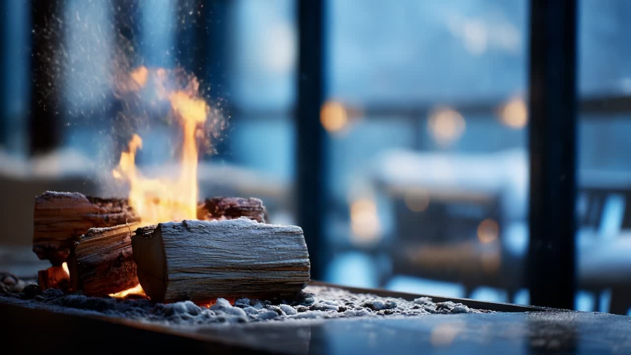 Warmth and Serenity: A Cozy Fireplace with Flames Flickering Over Logs, Creating a Tranquil Ambiance Amidst a Snowy Winter Day, Perfect for Relaxation and Comfort in a Beautiful Setting