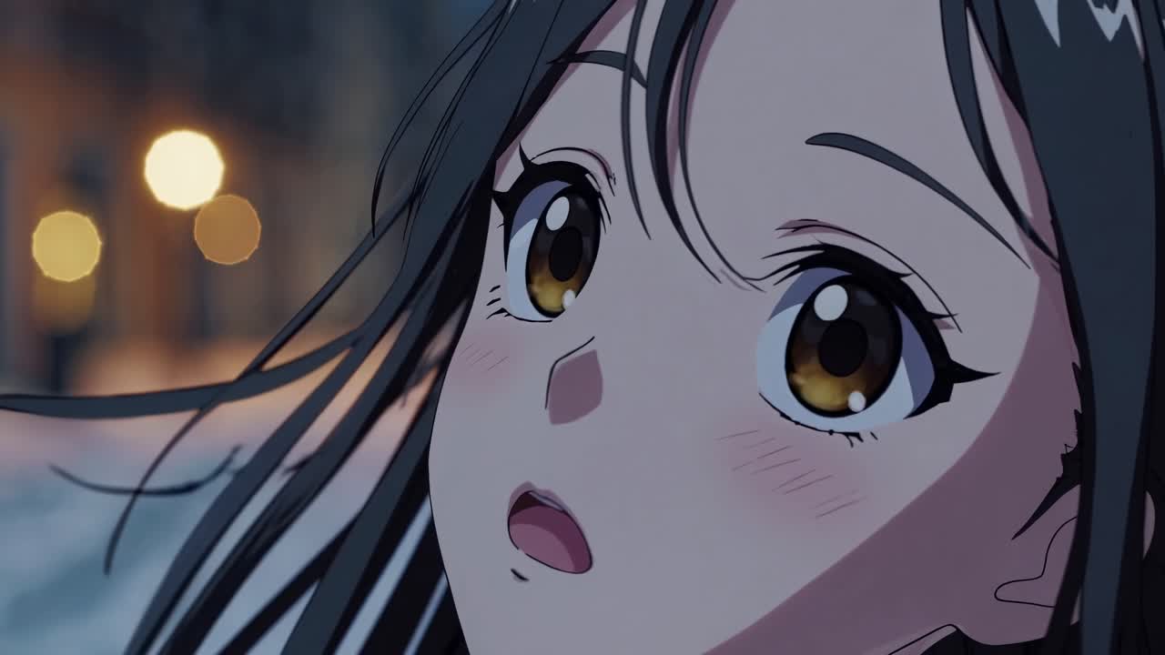 Close-up of an anime character with expressive eyes, capturing a moment of surprise