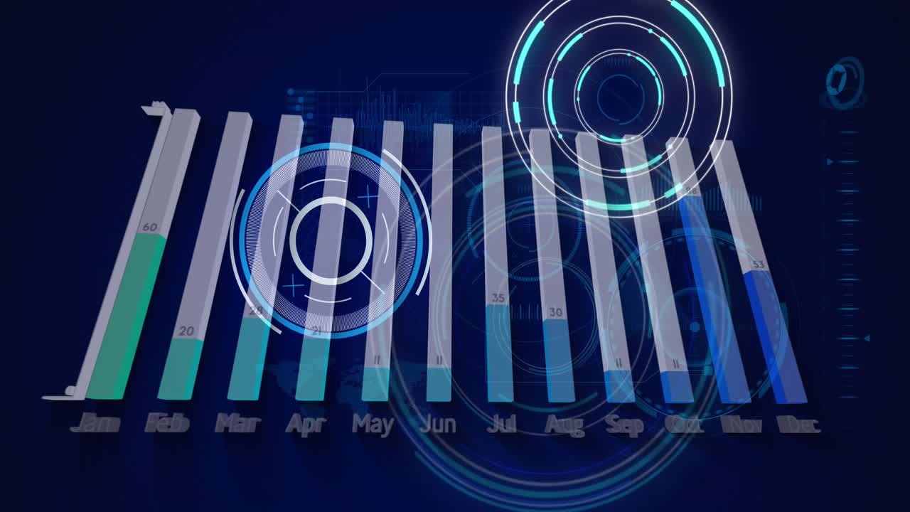 Animation of processing circles and graph on navy background
