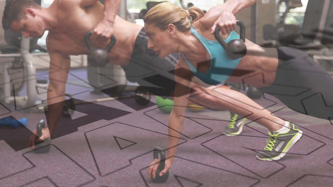 체육관에서 운동하는 남성과 여성에 대한 감사 문자의 디지털 구성