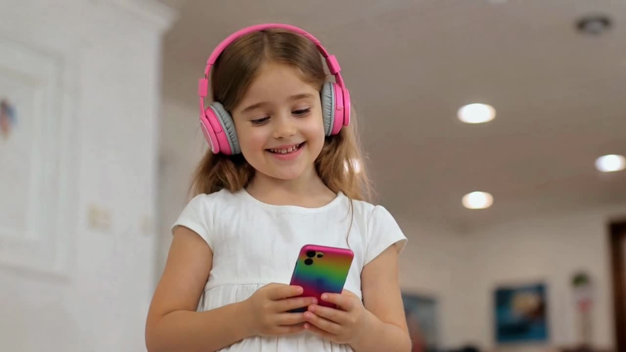 Happy Little Girl Listening to Music with Pink Headphones