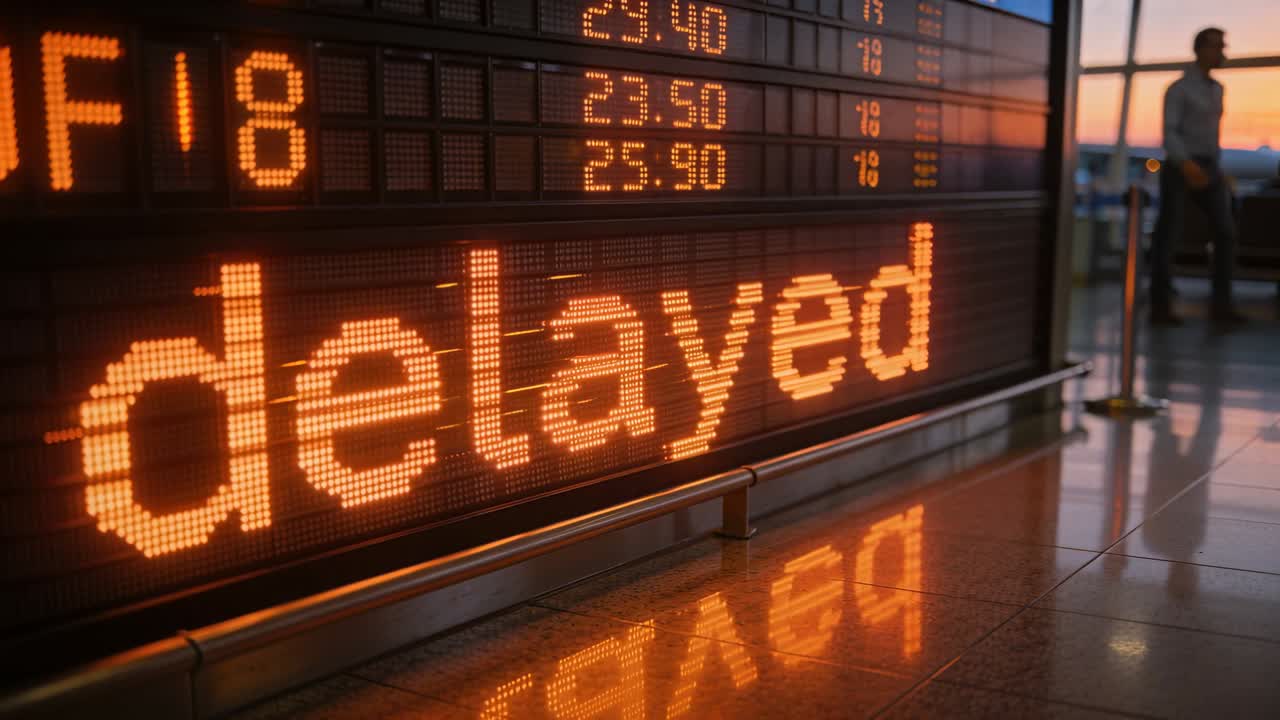 Alerting travelers, amber LED board displaying delayed message at gate after update, camera panning