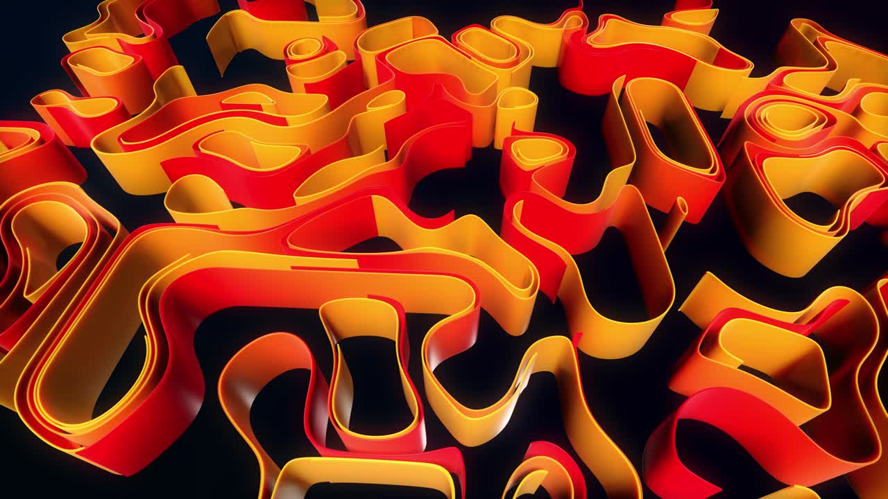 4k abstract bg with moving red orange lines or ribbons forming curl noise on plane. Concept of abstract computing neural network or ai. Curved ribbons on plane. Luma matte as alpha channel.