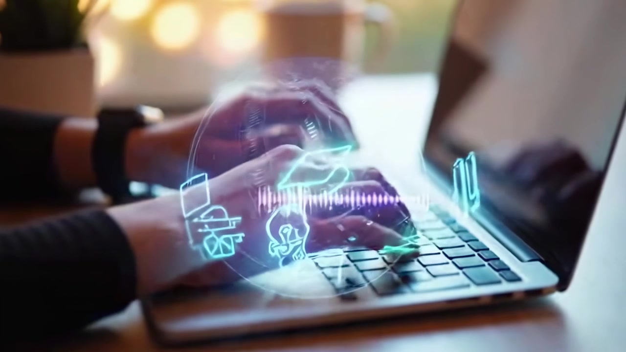 Manos escribiendo en un portátil con iconos animados de aprendizaje digital
