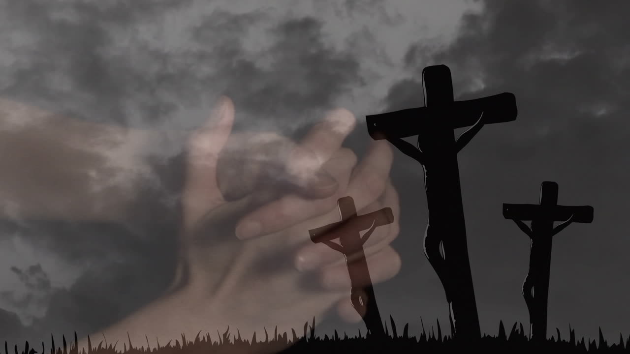 십자가 와 구름 위 에서 기도 하는 백인 여자 의 애니메이션
