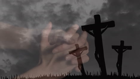 animación de una mujer caucásica orando sobre cruces y nubes