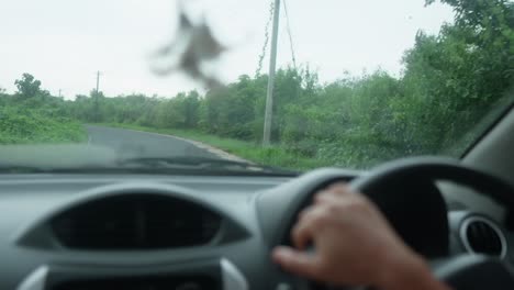 pov shot while driving a car on an empty country road in india with green bushes and untouched nature at the side of the road during a calm cloudy morning in slow motion