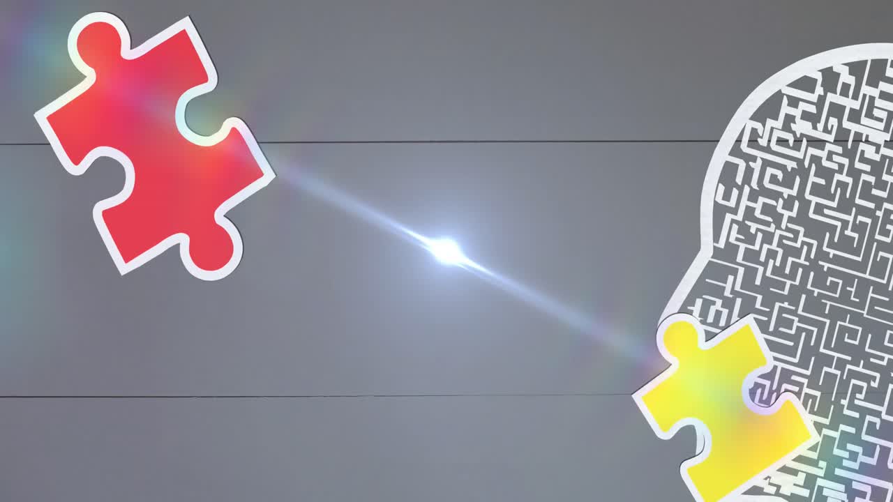 animación de cabezas y puntos de luz sobre rompecabezas de colores