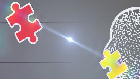 animación de cabezas y puntos de luz sobre rompecabezas de colores
