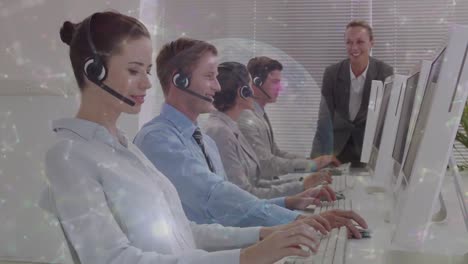 Animation-of-network-of-connections-and-globe-over-business-people-using-phone-headsets