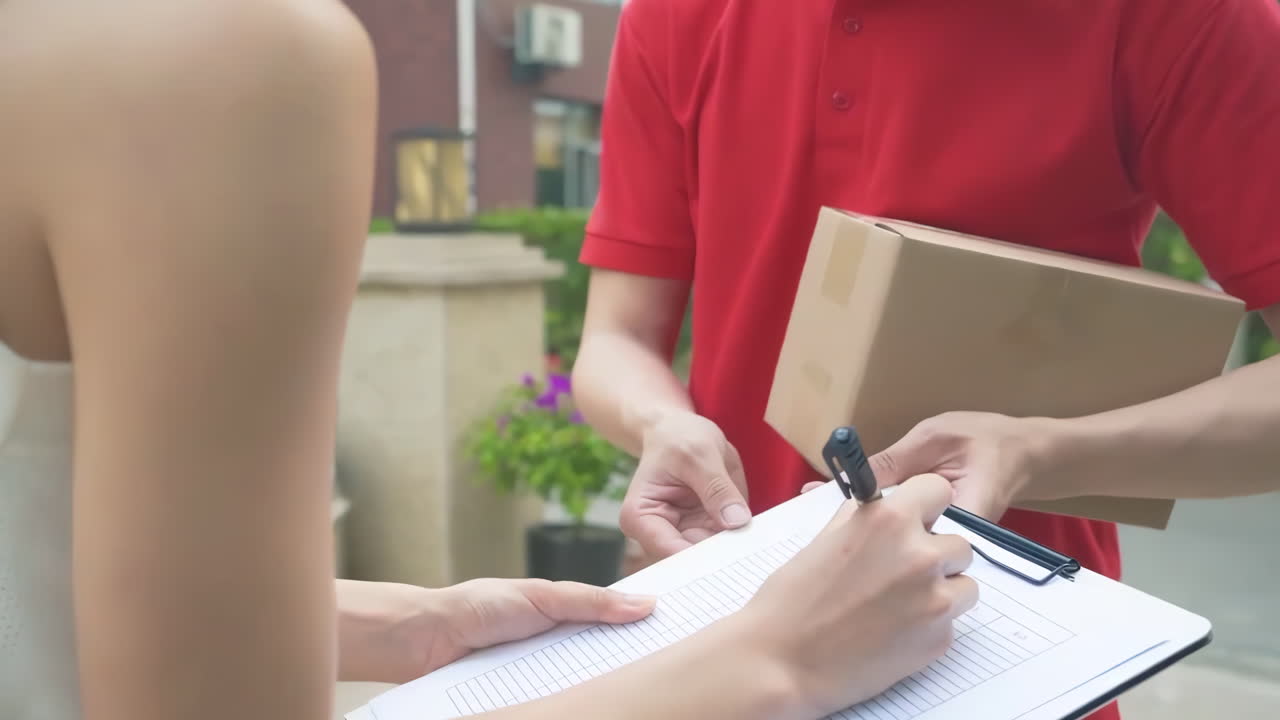 배달자 유니폼은 익스프레스를 통해 미소 짓고, 작은 패키지 패키지를 들고 있는 택배자, 밴 트럭으로 고객의 집에 상품을 배달하고, 문에서 문으로 서비스를 제공합니다.