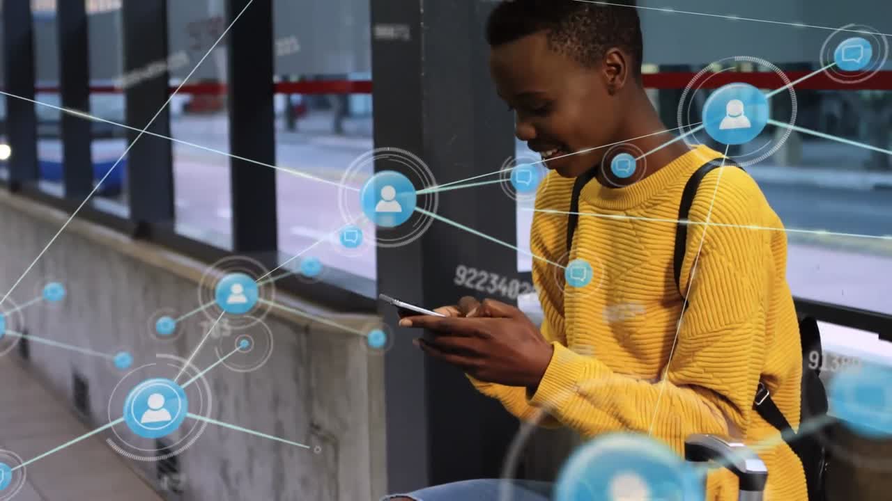 Animation of network of digital icons over african american woman using smartphone outdoors
