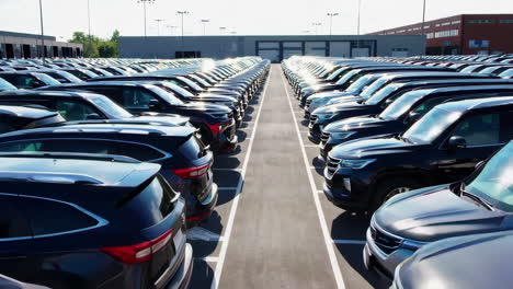 vast rows of new cars in an automotive parking lot