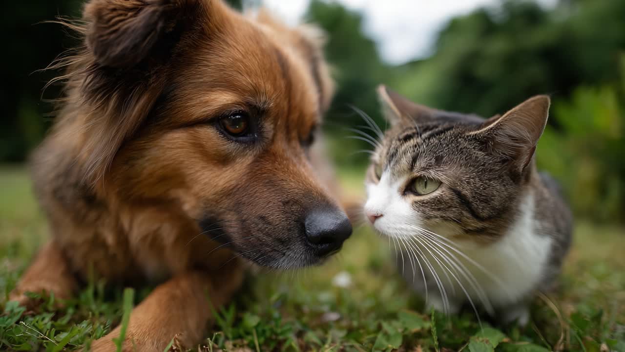 Yeşil bir dış mekanda bir köpek ile bir kedi arasında iç ısıtan bir an, berrak bir gökyüzü altında samimi bir bağ ve merakı paylaşma