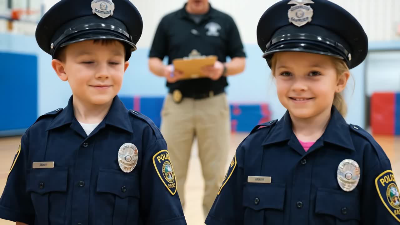警察の制服を着て敬礼し、笑顔を見せる幼い子ども