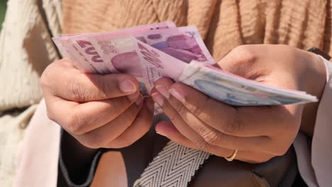 woman counting turkish lira bills