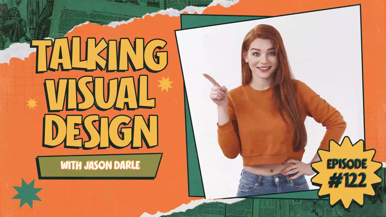 Donna sorridente che indica la scheda del titolo dell'episodio 'Talking Visual Design'