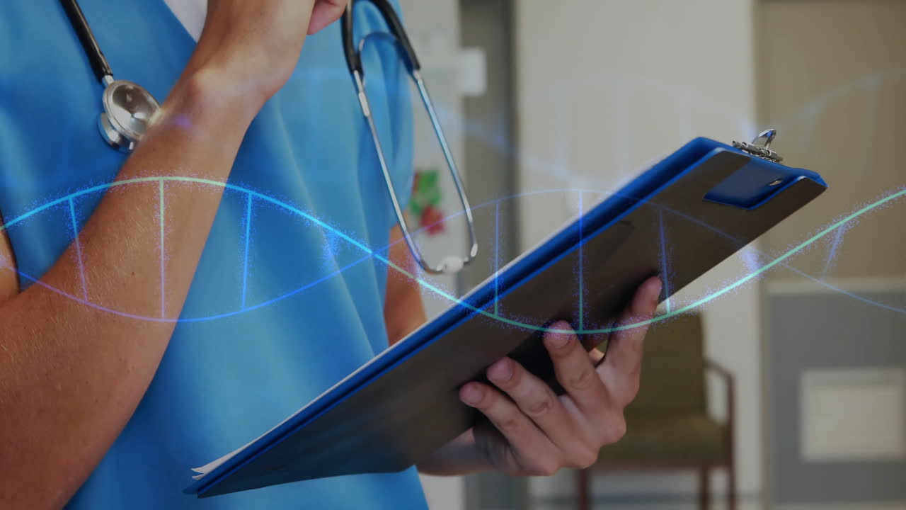 Animation of dna strands over caucasian male doctor writing on clipboard