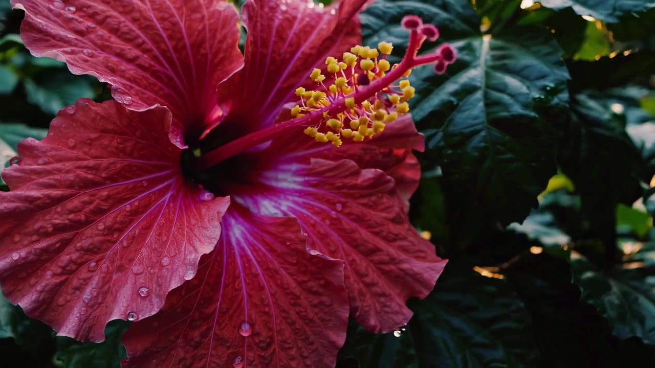 Primo piano di un vivace fiore di ibisco rosso in un giardino tropicale.
