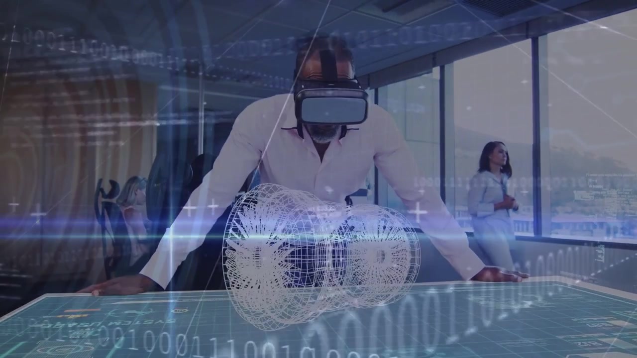 Man leaning hands bracing desk VR-headset using rotating model as code streaming for tech review