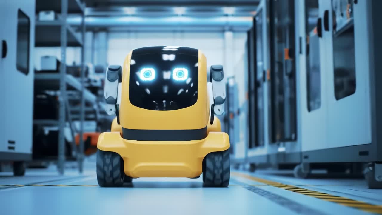 A small yellow robot moves through a high-tech warehouse, navigating among shelves and machinery. The environment is bright and filled with various storage units, showcasing advanced technology.