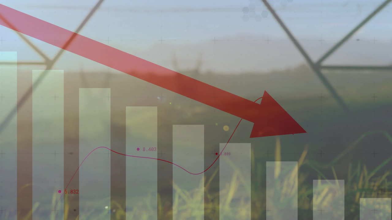 Over nature background, red arrow pointing down on bar graph, showing decline