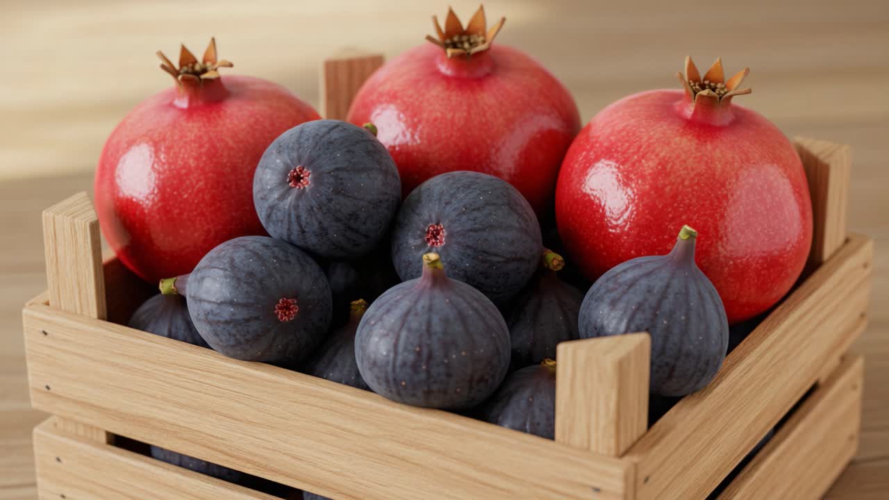 A Bounty of Fresh Fruits: Juicy Pomegranates and Sweet Figs Displayed in a Wooden Basket, Celebrating Nature's Vibrant Harvest and Nutritional Richness