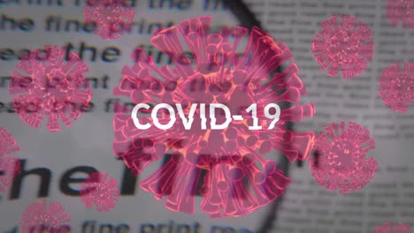 animación de la palabra covid-19 con células de propagación y periódicos en el fondo