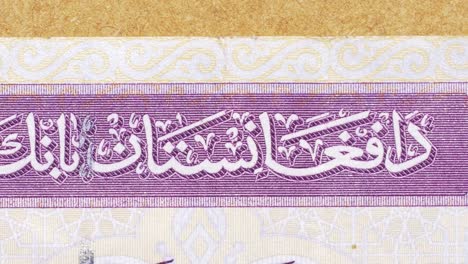 macro pan across “da afghanistan bank” in pashto script with guilloche detail on an afghani note