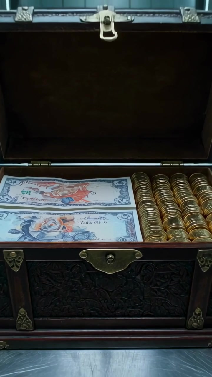 Vertical video: Entering, white gloved hand reaching for latch on chest in vault, inspecting cash