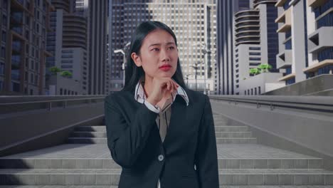 아시아의 사업가 여성이 무언가에 대해 생각하고 주변을 둘러보며 도시에서 서 있는 동안 지표손가락을 들어 올립니다.