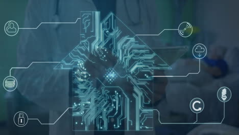 animation of house made of integrated circuit and icons over hands of doctor using tablet