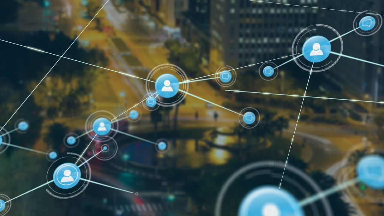 Animation of network of connections over cityscape