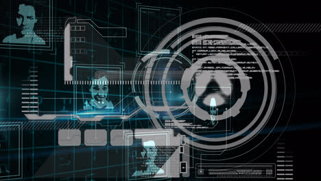 Animation-of-data-processing-with-people-portraits-over-scope-scannig-on-black-background