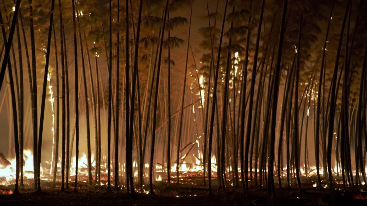 A Captivating Display of Destruction as Flames Engulf a Bamboo Forest, Transforming Nature's Serenity into a Blazing Inferno Under the Night Sky