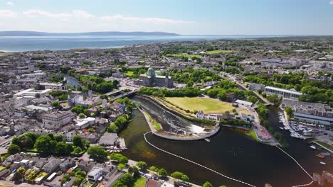 Galway cityscape over the river with Galway Cathedral and seaside on horizon, Ireland.