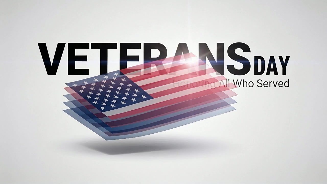 Animazione di strati della bandiera statunitense per il VETERANS DAY che si alza su sfondo grigio, con sottotitolo Honoring All Who Served