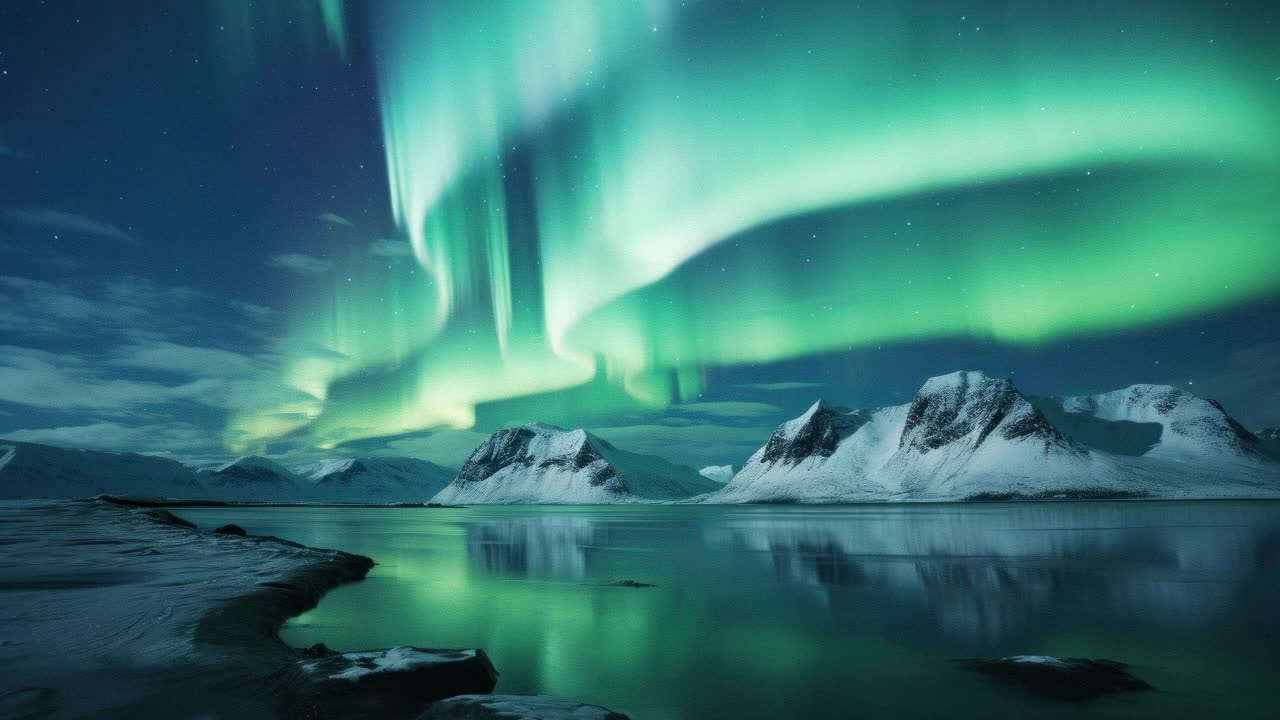 A mesmerizing video capturing the Northern Lights dancing over snowy mountains and a reflective