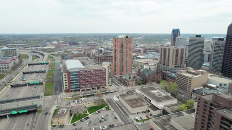 Drone-shot-showing-the-highway-and-downtown-city