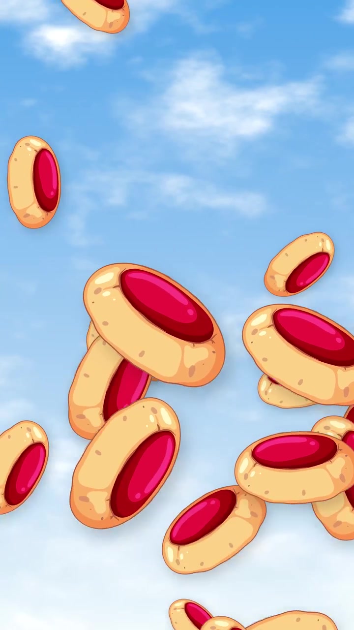 Biscotti da forno a cartone animato con ripieno di marmellata rossa cadono attraverso un cielo azzurro brillante con nuvole